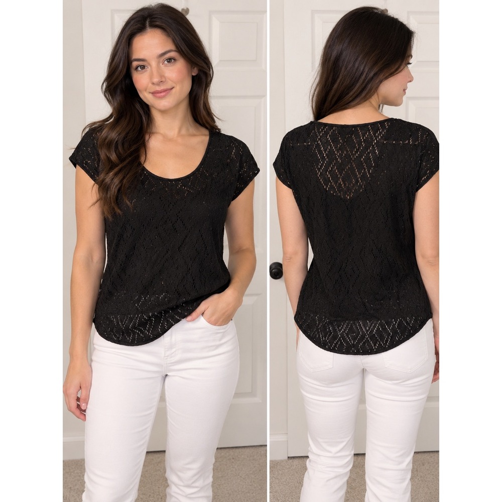 Mossimo Black Diamond Crochet Knit Scoop Neck Cap Sleeve Top Size M